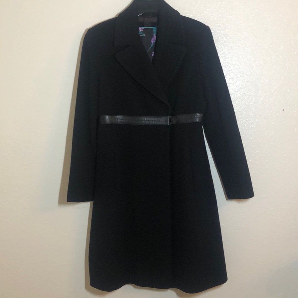 Via Spiga Black Wool Blend Long Coat with Faux Leather Waist Trim